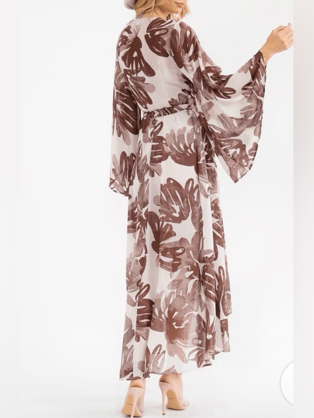 0220.  Brown Floral Wrap Maxi Dress - Women's V-Neck Tie Waist - Picture 4 of 4